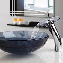 Üvegtányéros Magas mosdó csaptelep sötét üveggel