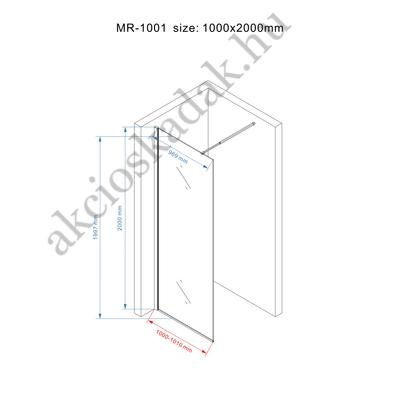 walk-in zuhanyfal 100x200cm  8mm-es nano vízlepergető átlátszó  üveggel kitámasztó karral 