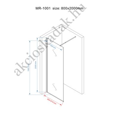 walk-in zuhanyfal 70x200cm  8mm-es nano vízlepergető testnél matt üveggel kitámasztó karral 