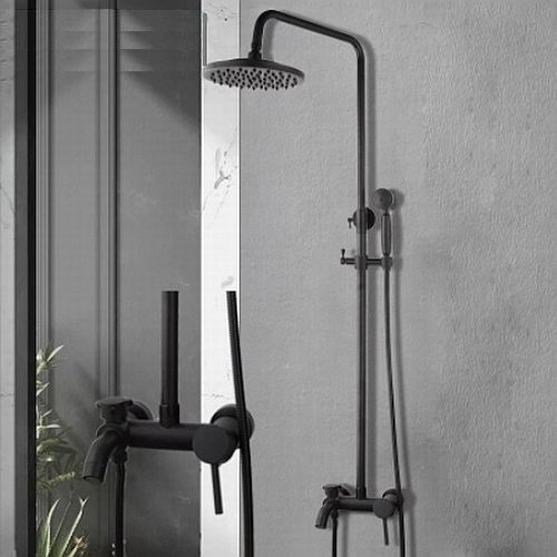 fekete egykaros kádöltős zuhanyszett felső esőztetővel, kézitussal. Bamboo design.