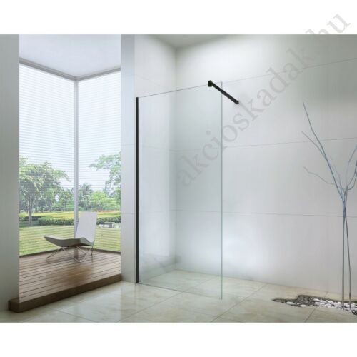 walk-in zuhanyfal 100-as 8mm-es nano vízlepergető átlátszó üveggel fekete kerettel kitámasztó karral 