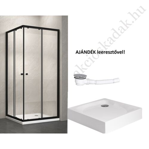 90x90-es fekete keretes szögletes zuhanykabin 6mm-es nano átlátszó vízlepergető üveggel Laura prémium zuhanytálcával