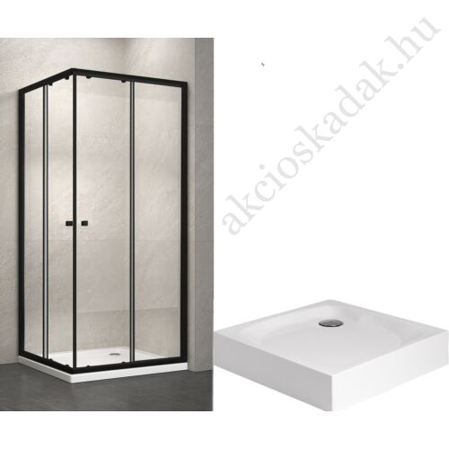 90x90-es fekete keretes szögletes zuhanykabin 6mm-es nano átlátszó vízlepergető üveggel Laura prémium zuhanytálcával