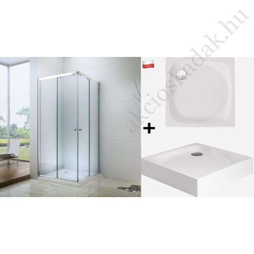 90x90-es szögletes zuhanykabin 6mm-es nano átlátszó vízlepergető üveggel Laura prémium zuhanytálcával